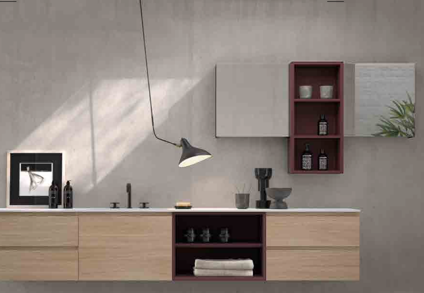 Bathroom dressing table with square mirror by Maderó Atelier