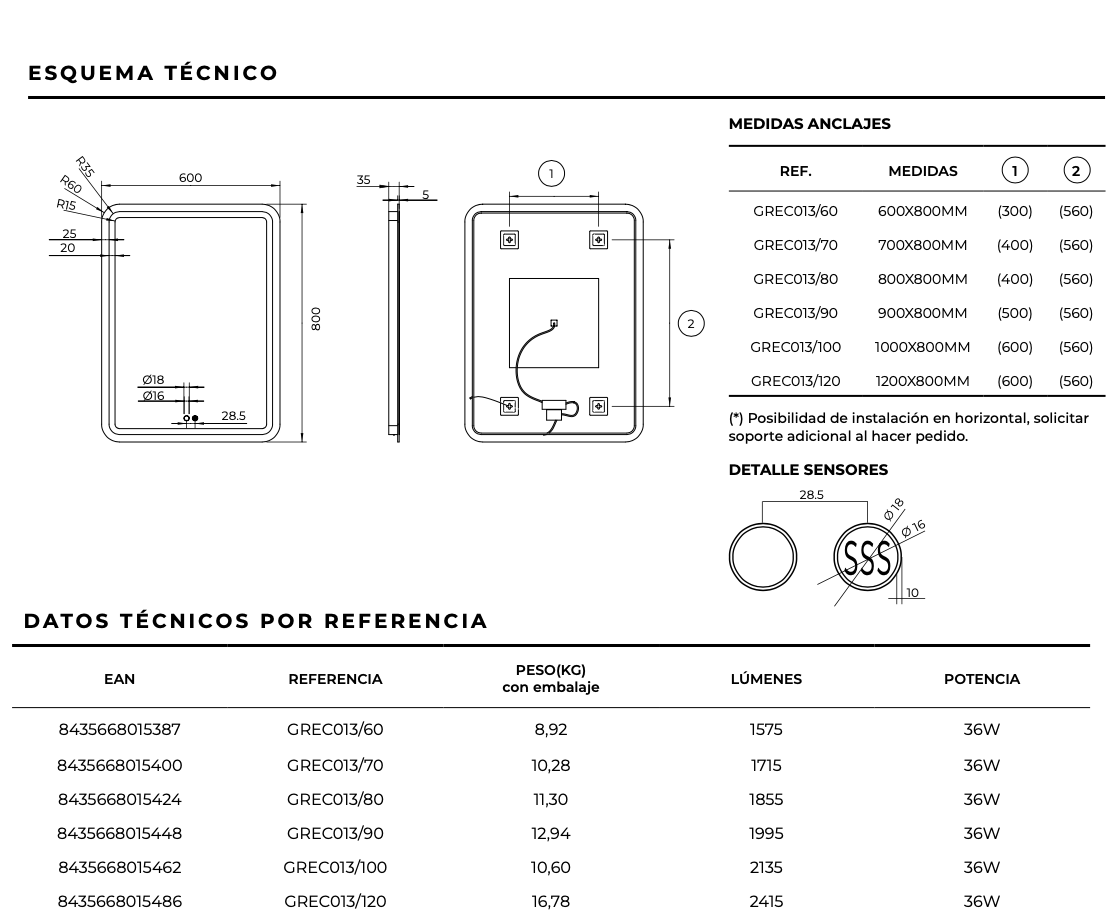 Square bathroom mirror with rounded edges and front light Grecia by Ledimex