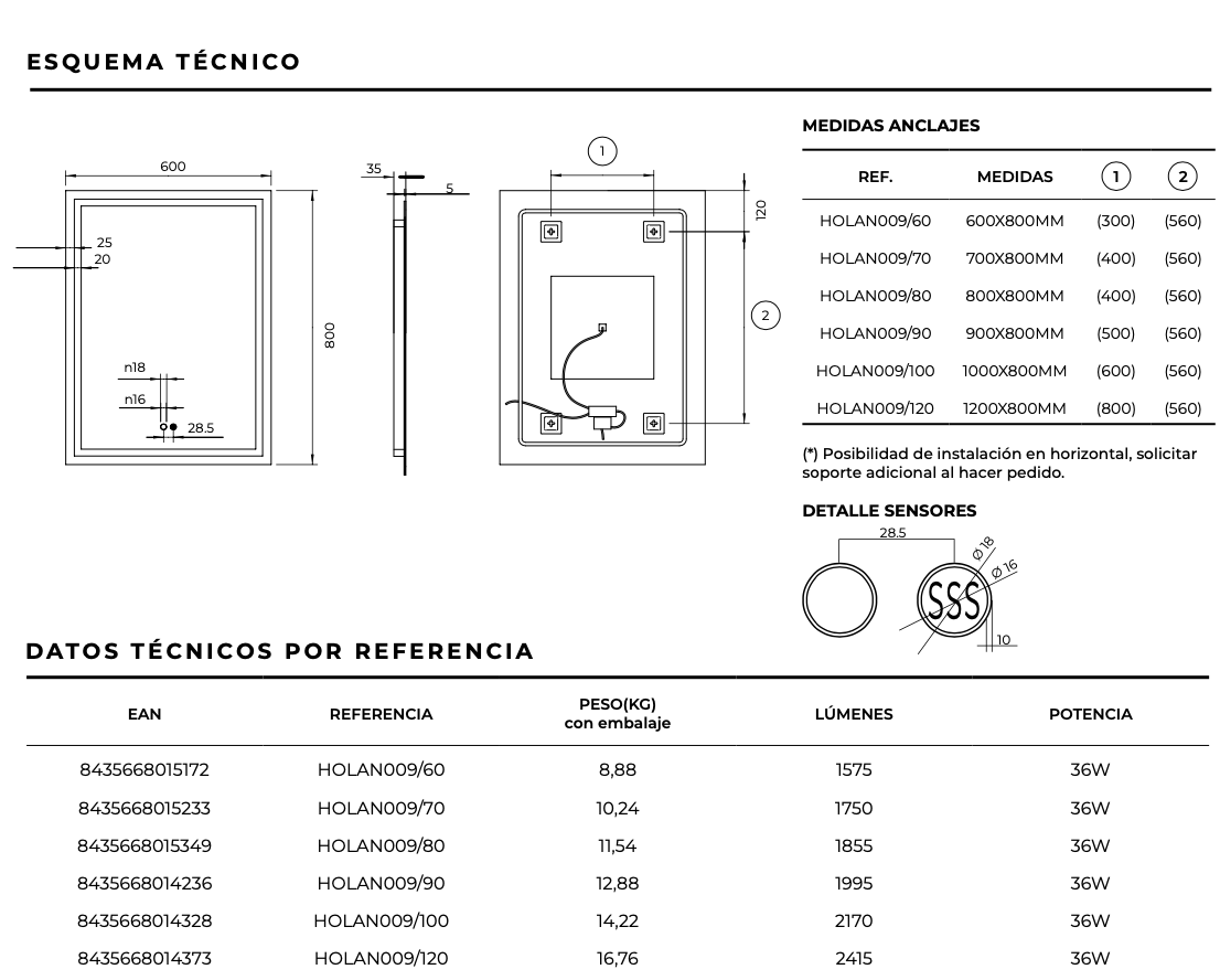 Square bathroom mirror anti-fog front light Holland by Ledimex