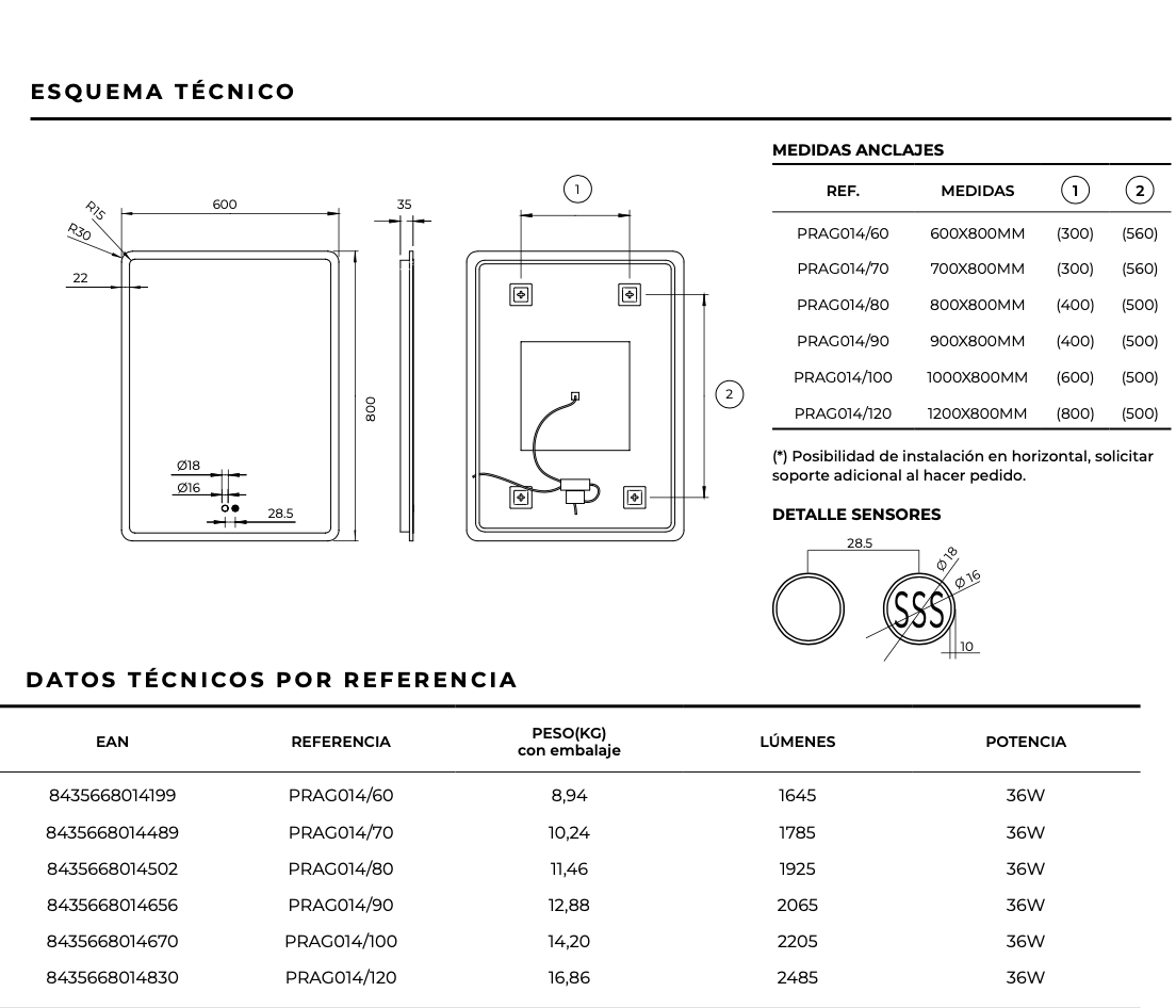 Square bathroom mirror with rounded edges and Prague contour light by Ledimex