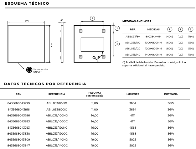 Square mirror with perimeter light integrated into Ability frame by Ledimex