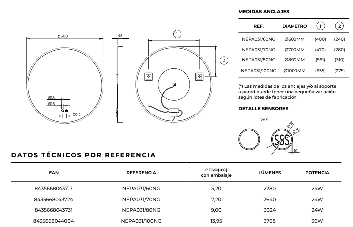 Round bathroom mirror with perimeter light inside the Nepal frame by Ledimex