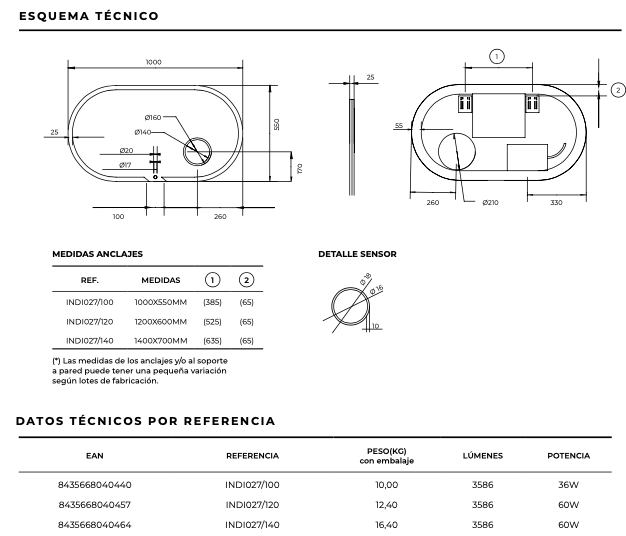 Elliptical bathroom mirror with light frame illuminated Indiana by Ledimex