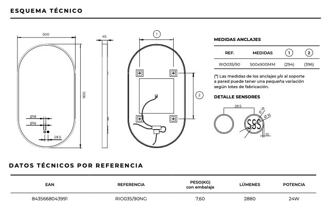 Elliptical bathroom mirror with perimeter light integrated into Rio frame by Ledimex