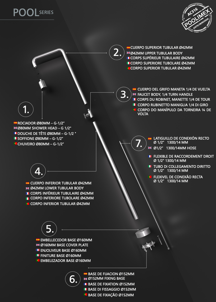 Poolimex Alaska series stainless steel monofluid outdoor shower S.316