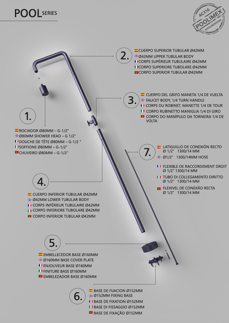 Poolimex Ocean Blue S.316 steel Pool series single-fluid outdoor shower