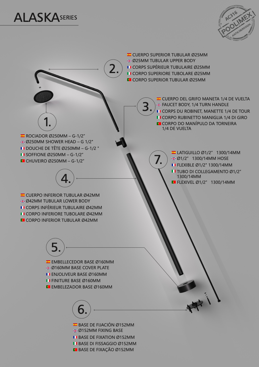 Poolimex Alaska series single-fluid steel shower in matte black S.316