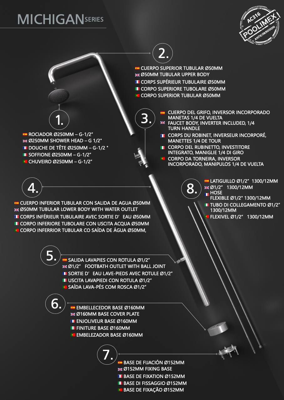 Poolimex Michigan Series 316 Stainless Steel Single-Fluid Outdoor Shower with Foot Wash