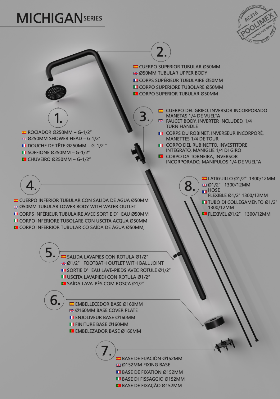 Poolimex Michigan series single-fluid outdoor shower with foot bath in matte black S.316 steel.