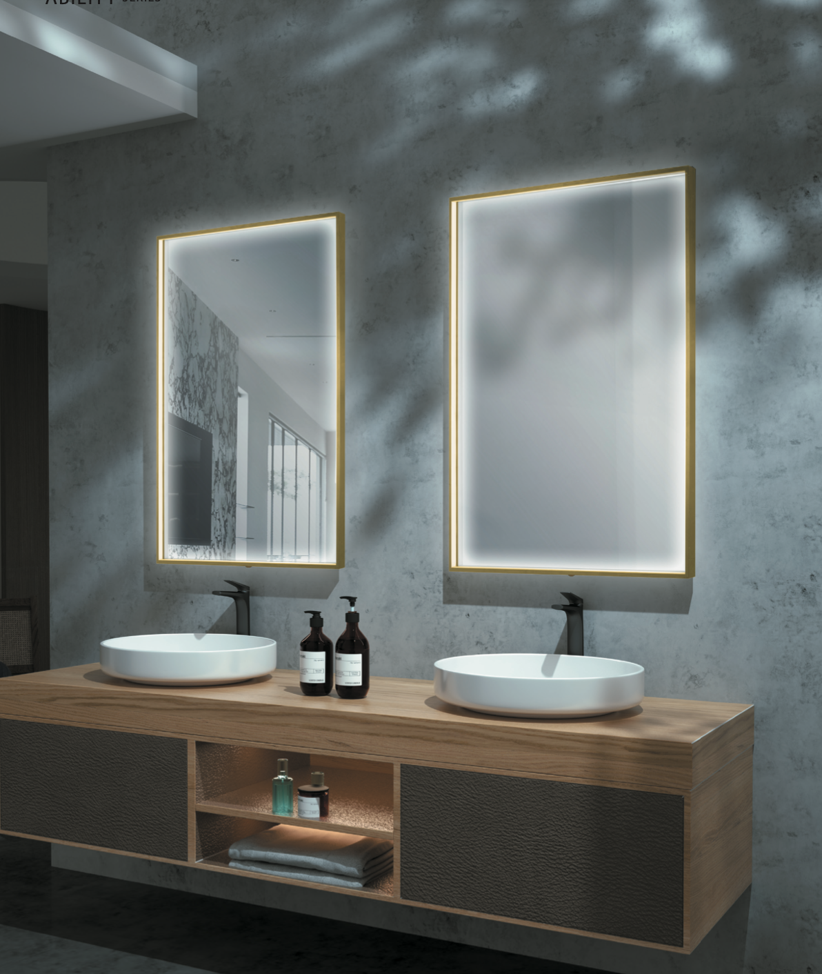 Square mirror with perimeter light integrated into Ability frame