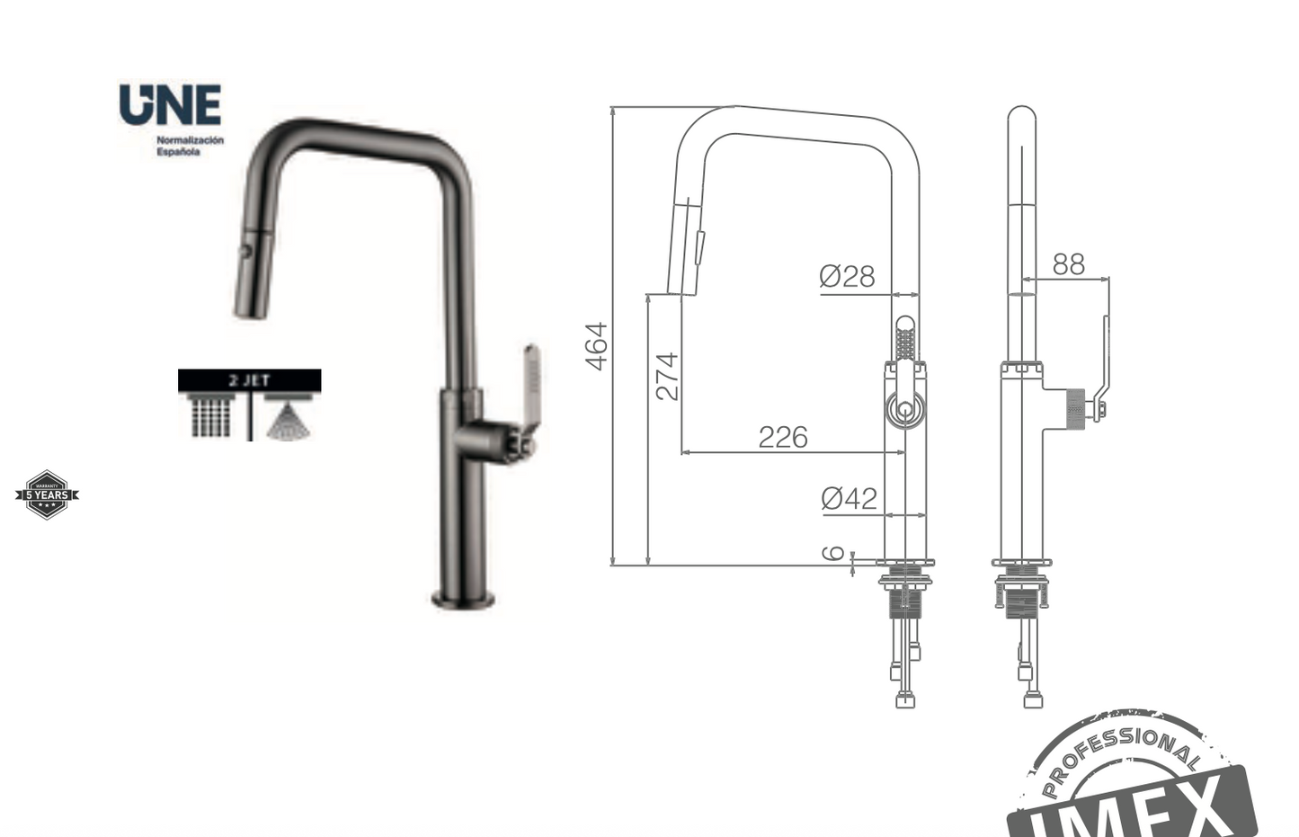 Kitchen Faucet with Pull-Out Single Lever, Black Gun Metal, Nice - Imex