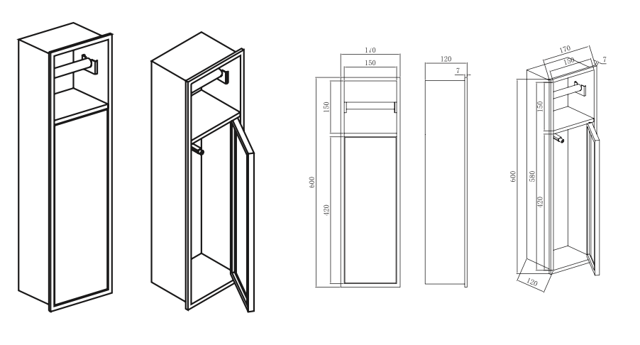 Egean 17x60cm Vertical Recessed Niche with Door for Toilet Brush Holder and Toilet Roll Holder - Stainless Steel