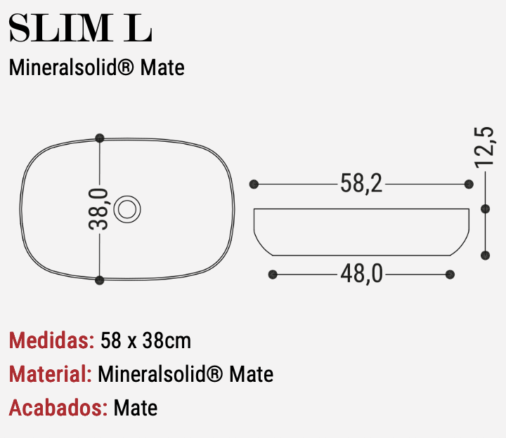 Lavabo Sobreencimera Slim L Mate 58x38cm - Fabricación Española | Maderó Atelier