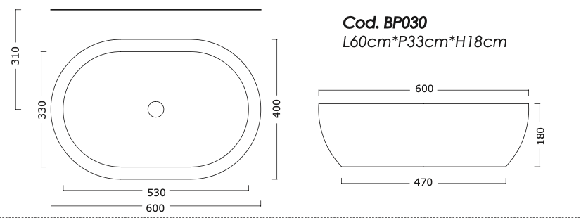 Lavabo Sobreencimera Oval BP030 Cerámica 60cm Altura Media - Balneo Toscia