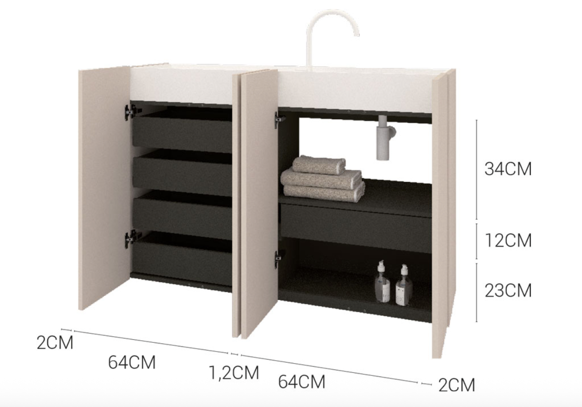 Floor-standing vanity unit with 4 doors, Obi side drain guard - Maderó Atelier Modern Style