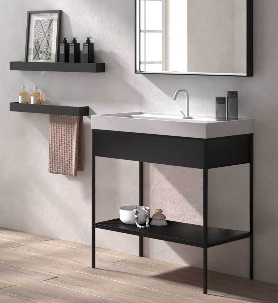 Encimera con faldón Tribeca de Stoneacril® con lavabo integrado de Madero Atelier para mueble Tribeca