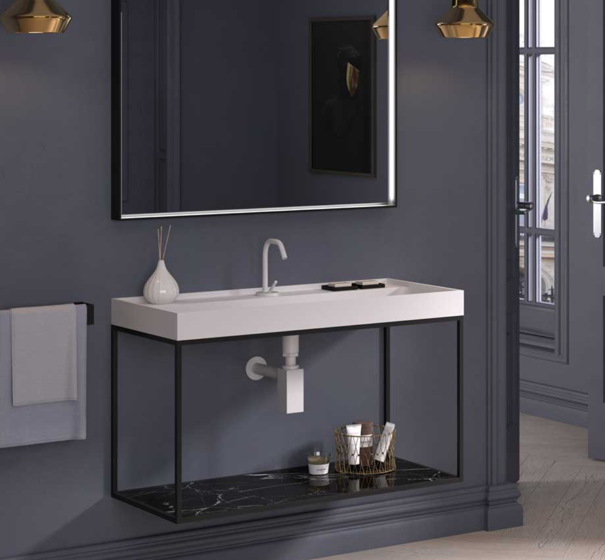 Stoneacril® Tribeca skirted countertop with integrated Madero Atelier washbasin for Tribeca furniture