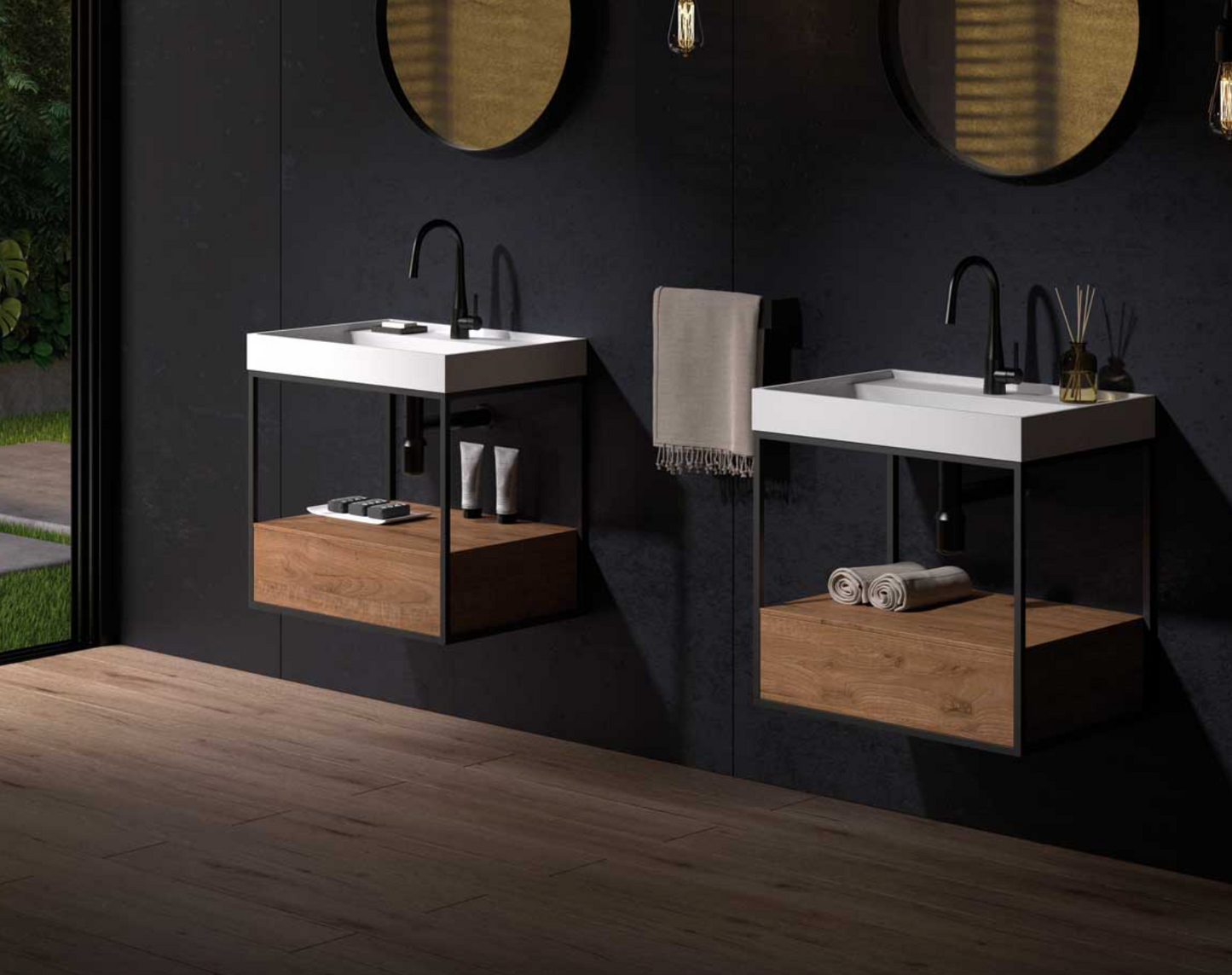 Stoneacril® Tribeca skirted countertop with integrated Madero Atelier washbasin for Tribeca furniture