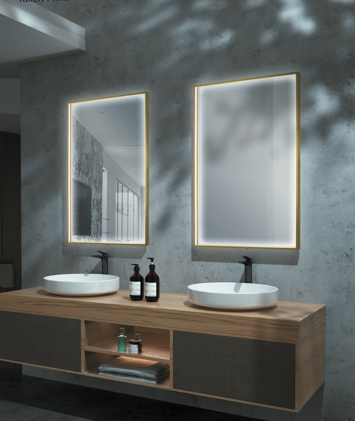 Square mirror with perimeter light integrated into Ability frame by Ledimex