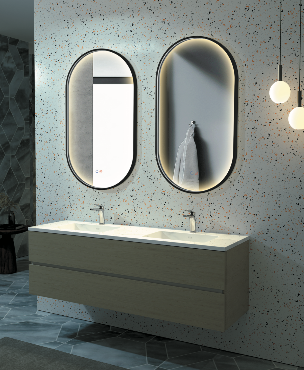 Elliptical bathroom mirror with perimeter light integrated into Rio frame by Ledimex