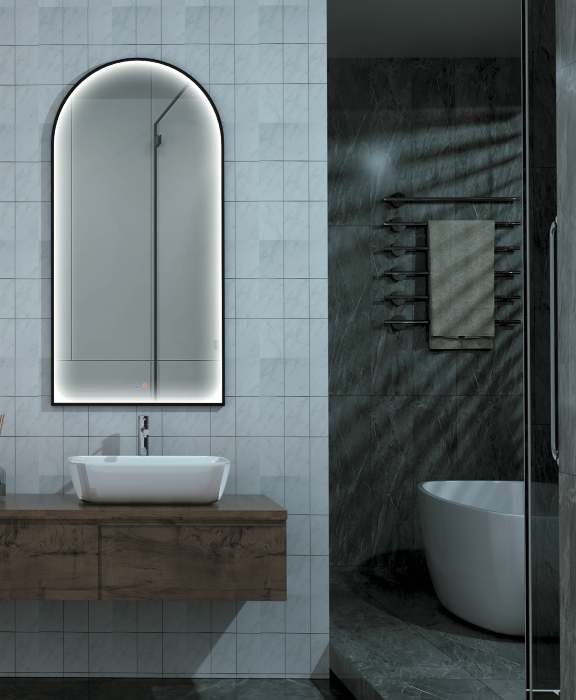 Bathroom mirror with perimeter light integrated into Roma frame by Ledimex