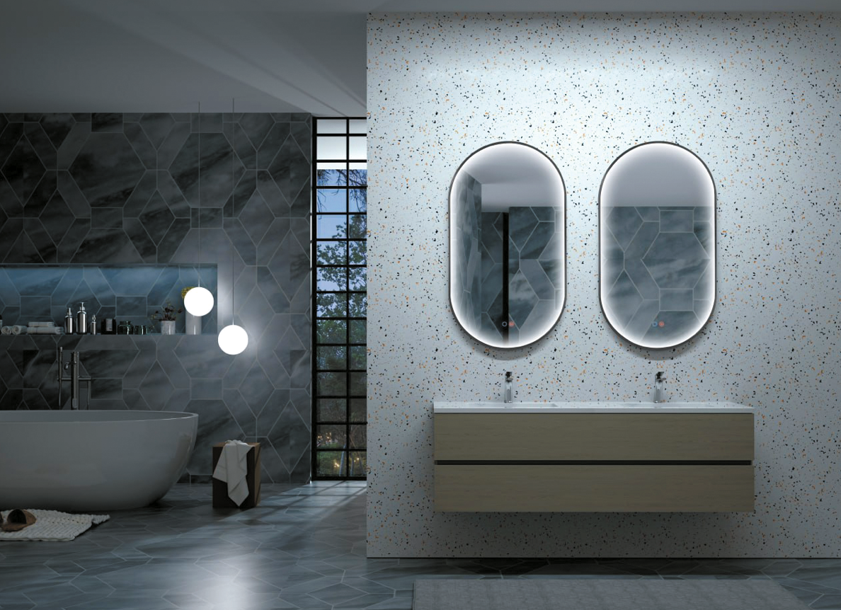 Elliptical bathroom mirror with perimeter light integrated into Rio frame by Ledimex
