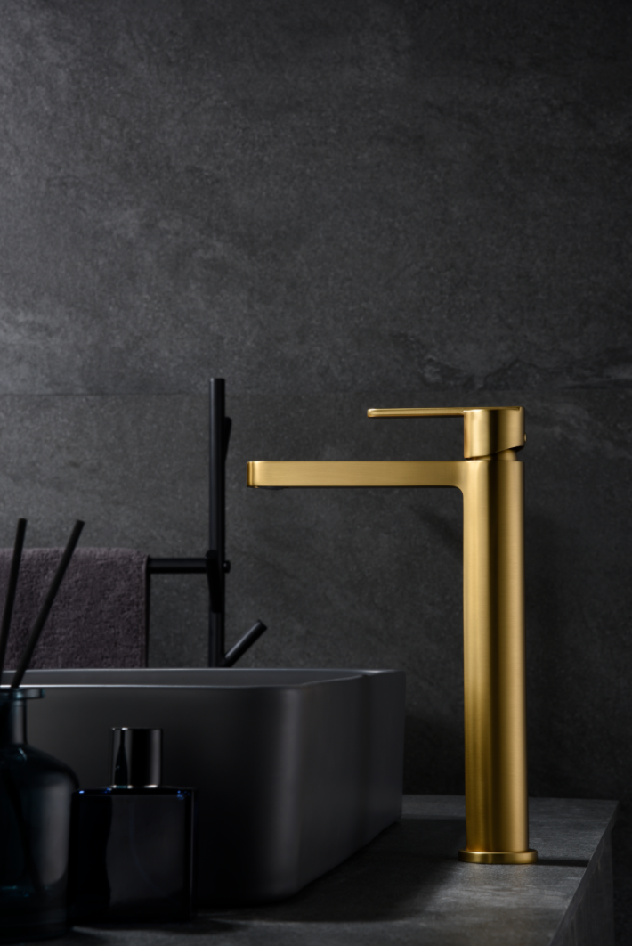 Imex Roma brushed gold high spout single-lever washbasin faucet
