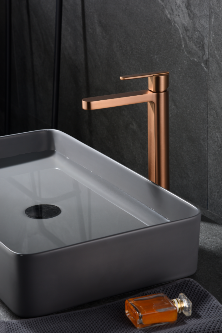 Imex Roma brushed rose gold high spout single-lever washbasin faucet 