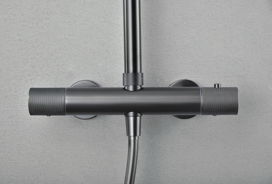 Black gun metal Line thermostatic shower bar taps by Imex 