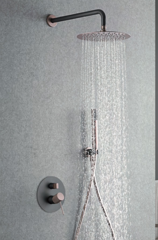 Matte gray/champagne Line recessed single-lever shower set by Imex 
