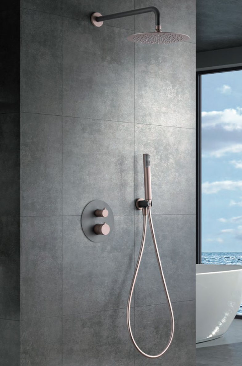 Matte gray/champagne Line built-in thermostatic shower set by Imex 