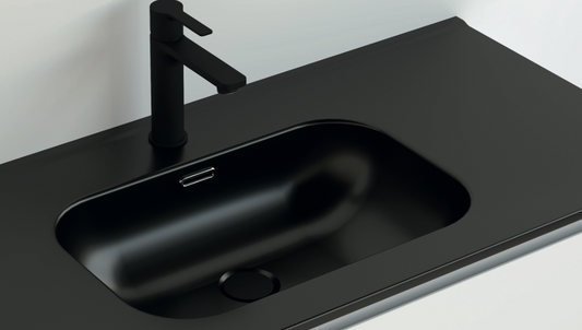 Ceramic countertop with integrated black Planet sink for Atelier wooden bathroom furniture