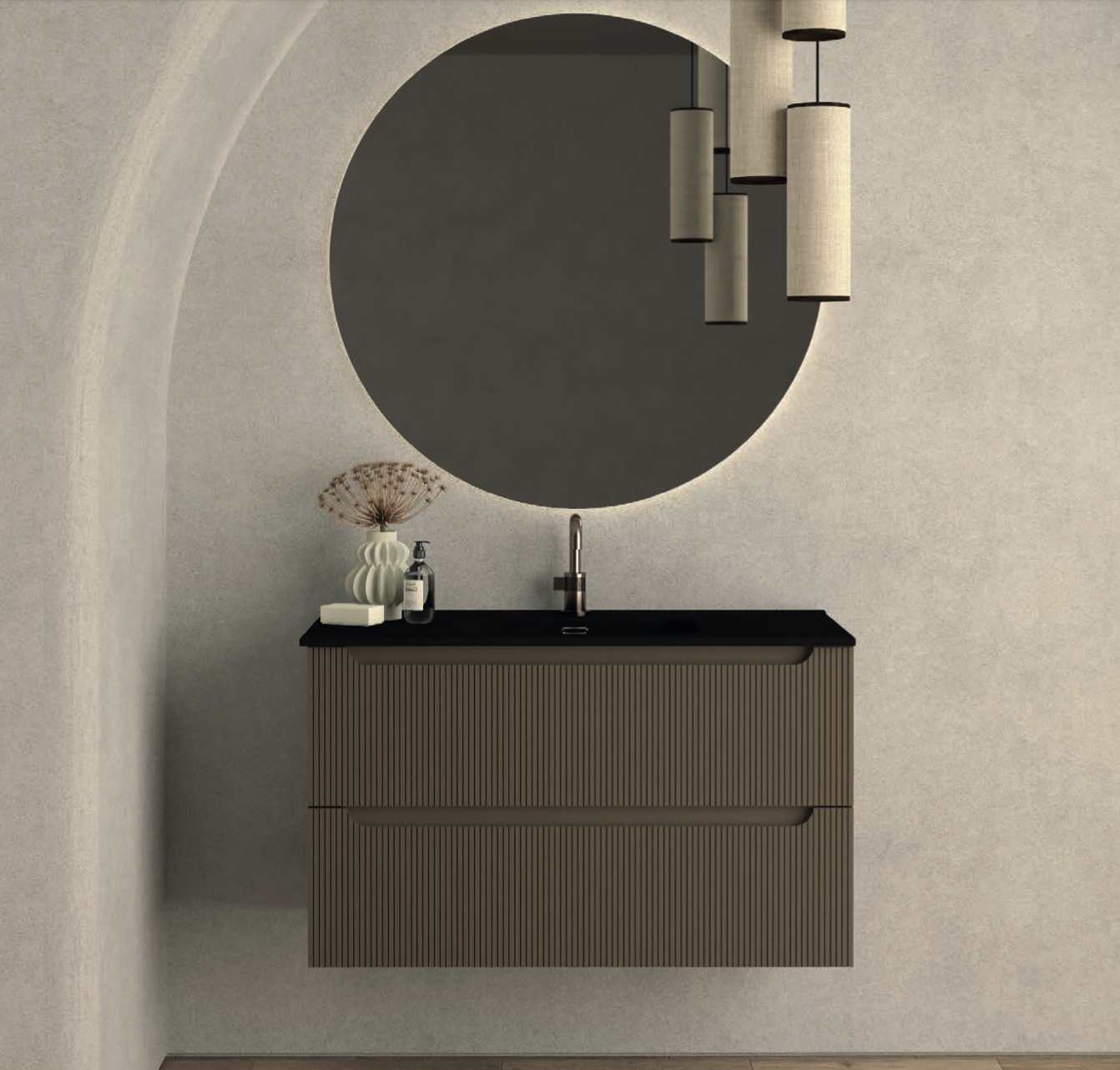 Ceramic countertop with integrated black Planet sink for Atelier wooden bathroom furniture