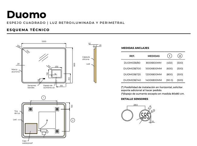 Espejo baño cuadrado luz retroiluminada y perimetral Duomo de Ledimex