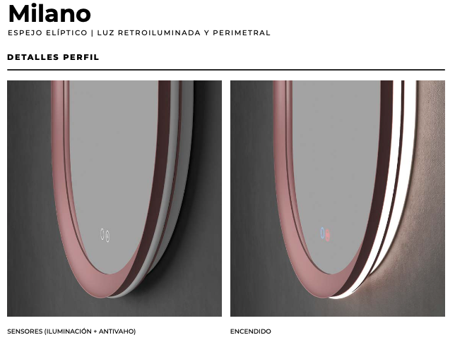 Espejo baño elíptico luz retroiluminada y perimetral Milano de Ledimex