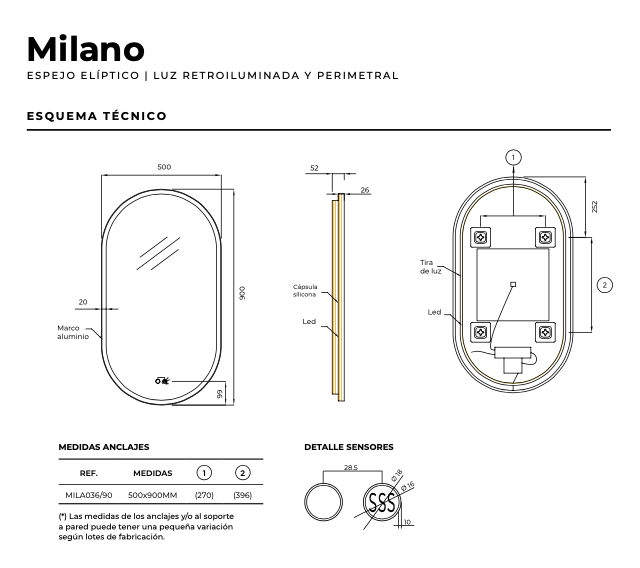 Espejo baño elíptico luz retroiluminada y perimetral Milano de Ledimex