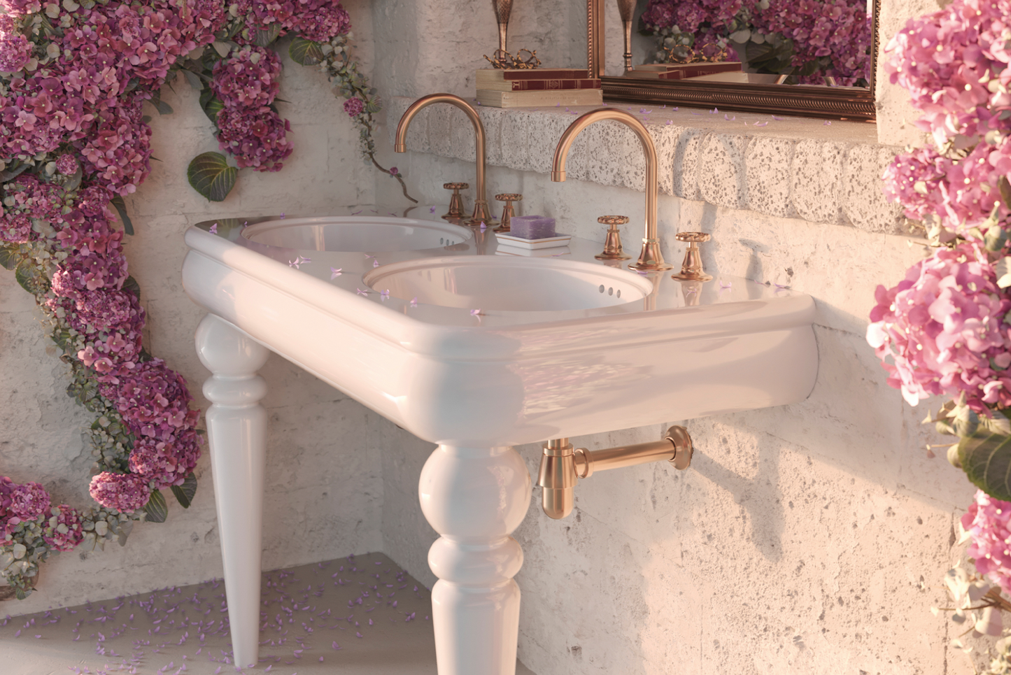 Large ceramic washbasin double basin Romantica by Balneo Toscia Vintage style