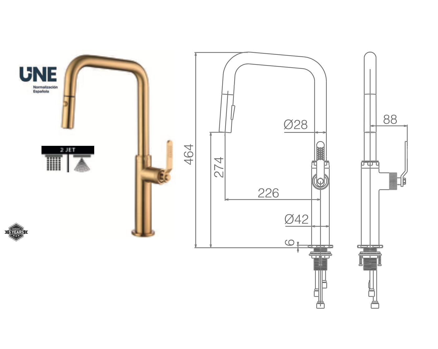 Imex Niza brushed gold pull-out single-lever kitchen faucet