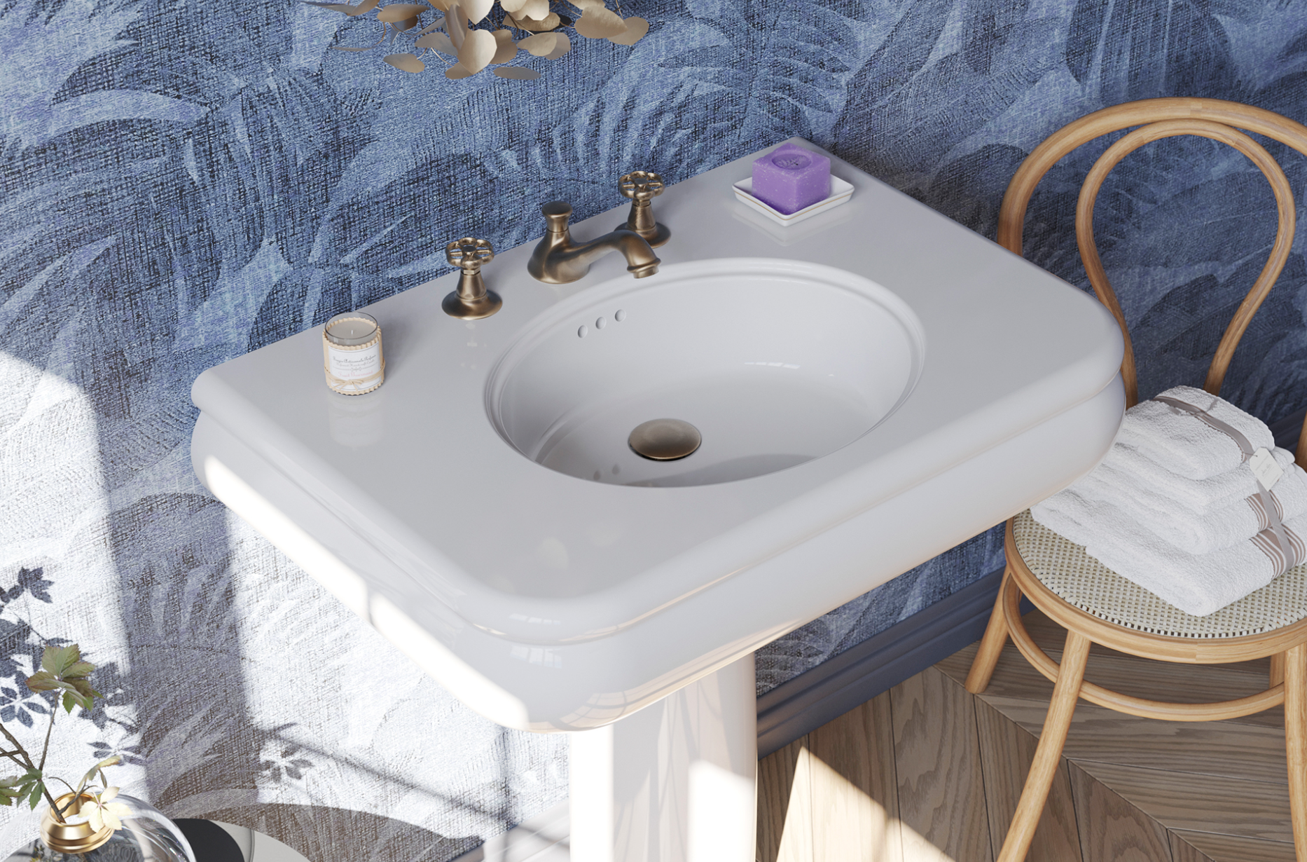 detalle lavabo cerámica Romantica con pedestal estilo vintage