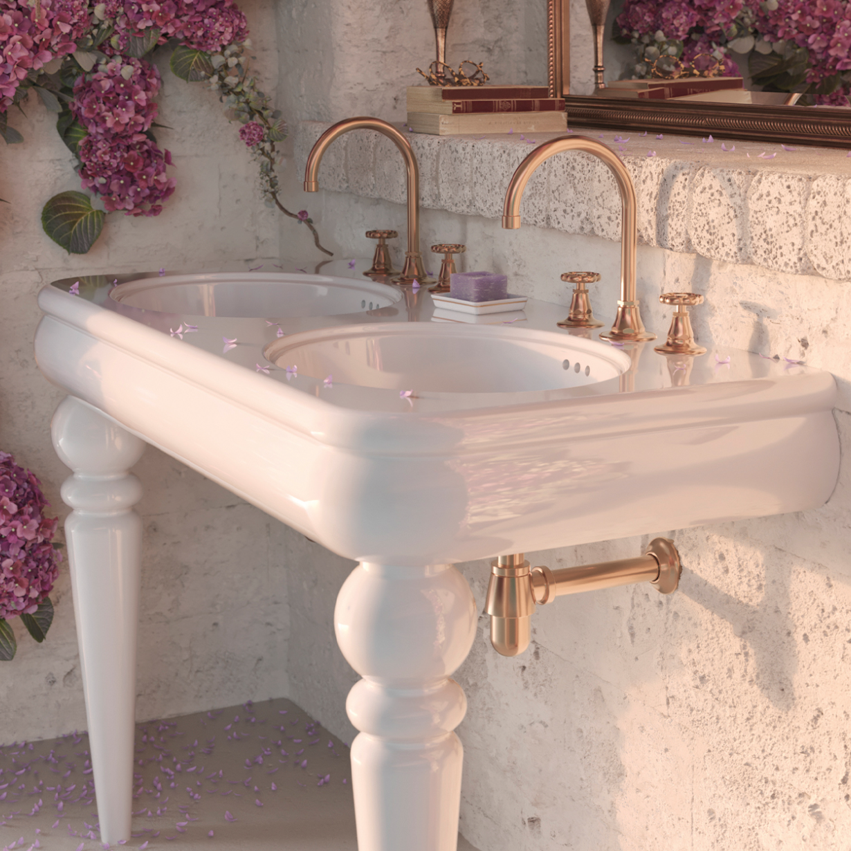 vista lavabo cerámica con patas colección Romantica estilo Vintage