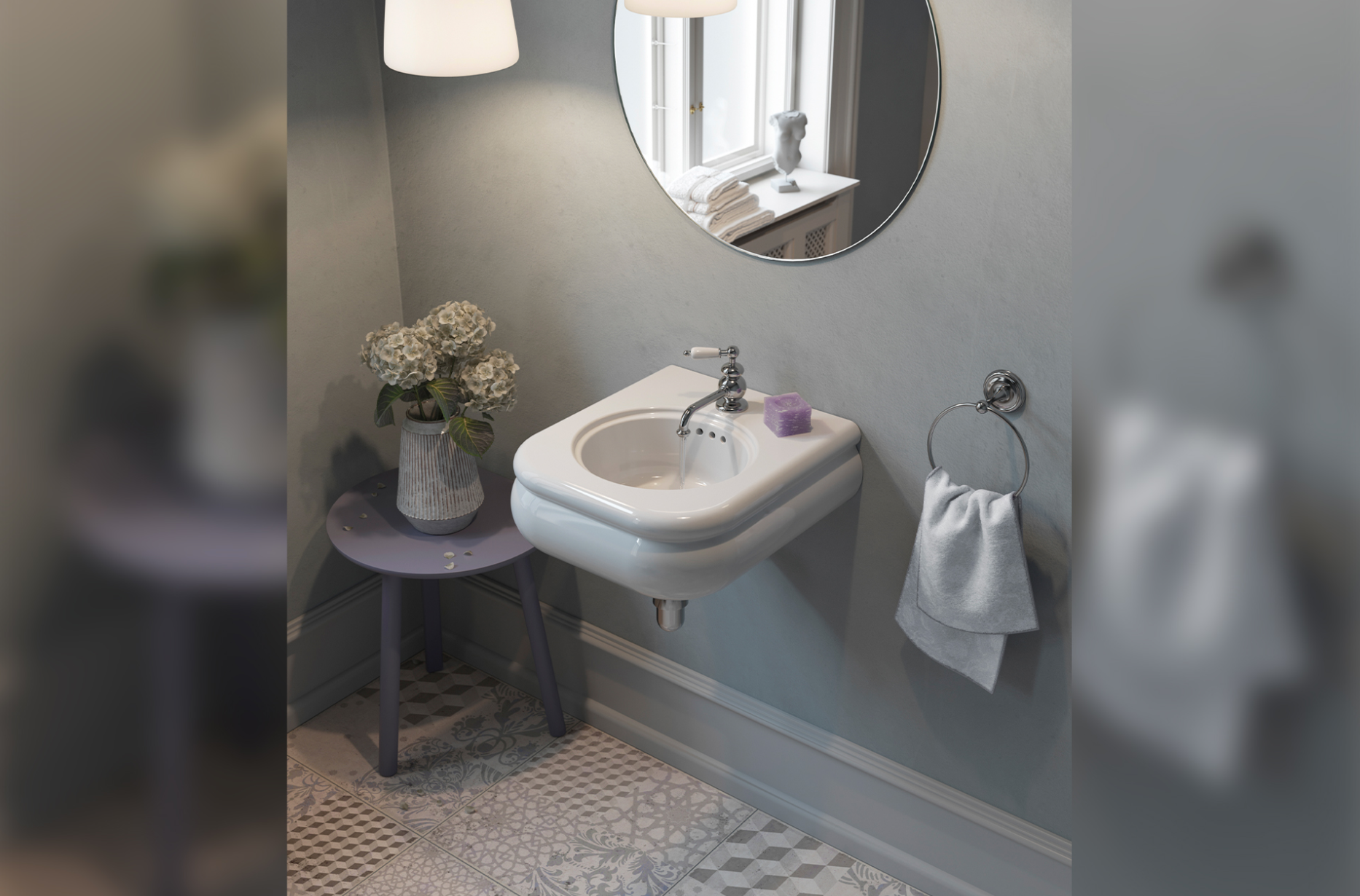 vista ambiente baño con lavabo suspendido cerámica estilo vintage