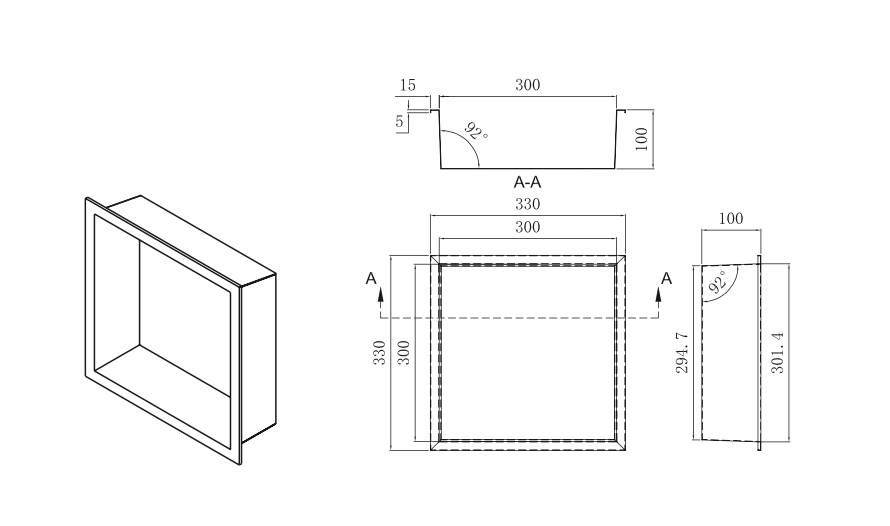 Niche encastrée Atlantic Square 33x33cm - Acier inoxydable de qualité supérieure