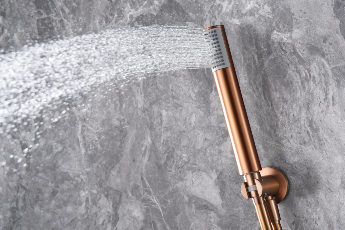 Olimpo brushed rose gold built-in shower set taps by Imex 