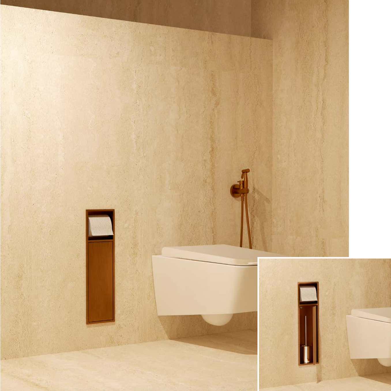 Egean 17x60cm Vertical Recessed Niche with Door for Toilet Brush Holder and Toilet Roll Holder - Stainless Steel
