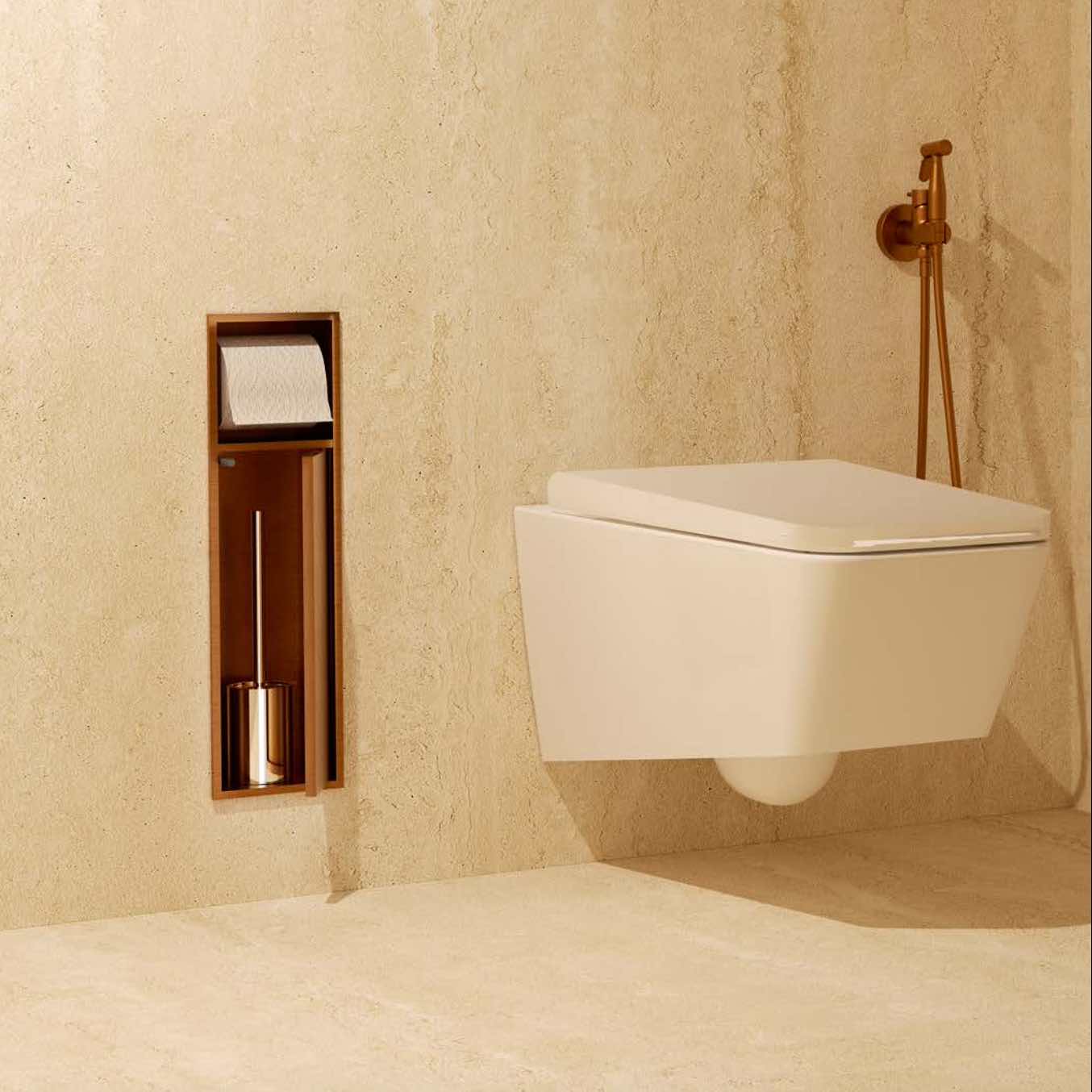 Egean 17x60cm Vertical Recessed Niche with Door for Toilet Brush Holder and Toilet Roll Holder - Stainless Steel
