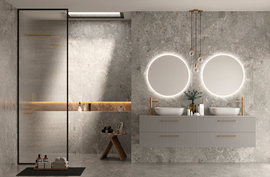 Round bathroom mirror with backlit light, front exit, Belgium by Ledimex