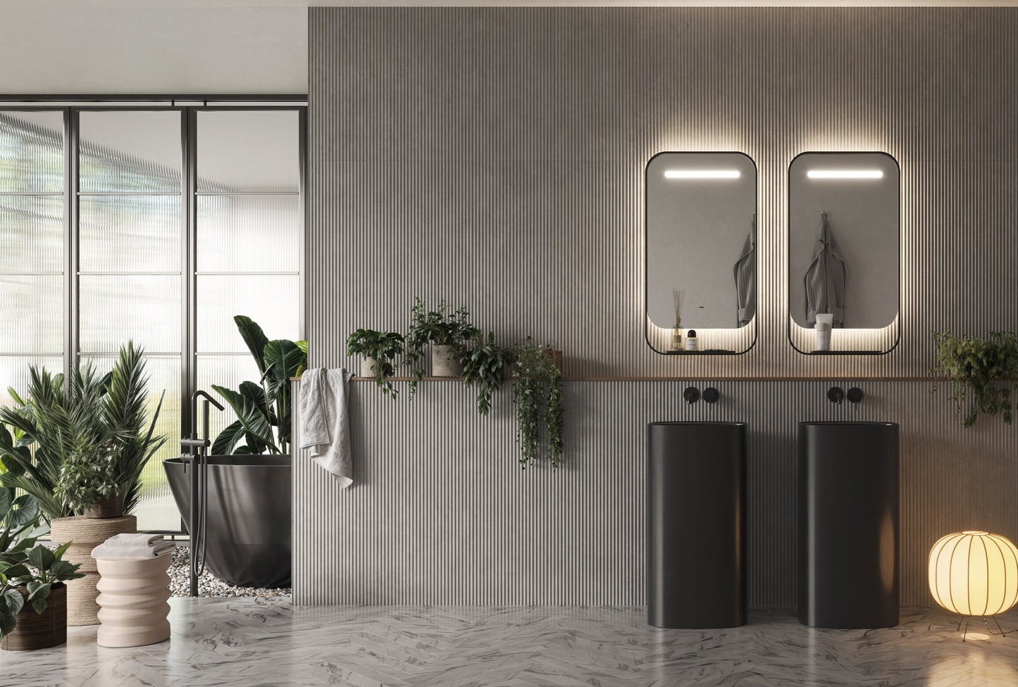 Square bathroom mirror with rounded edges and backlit front outlet Concept by Ledimex