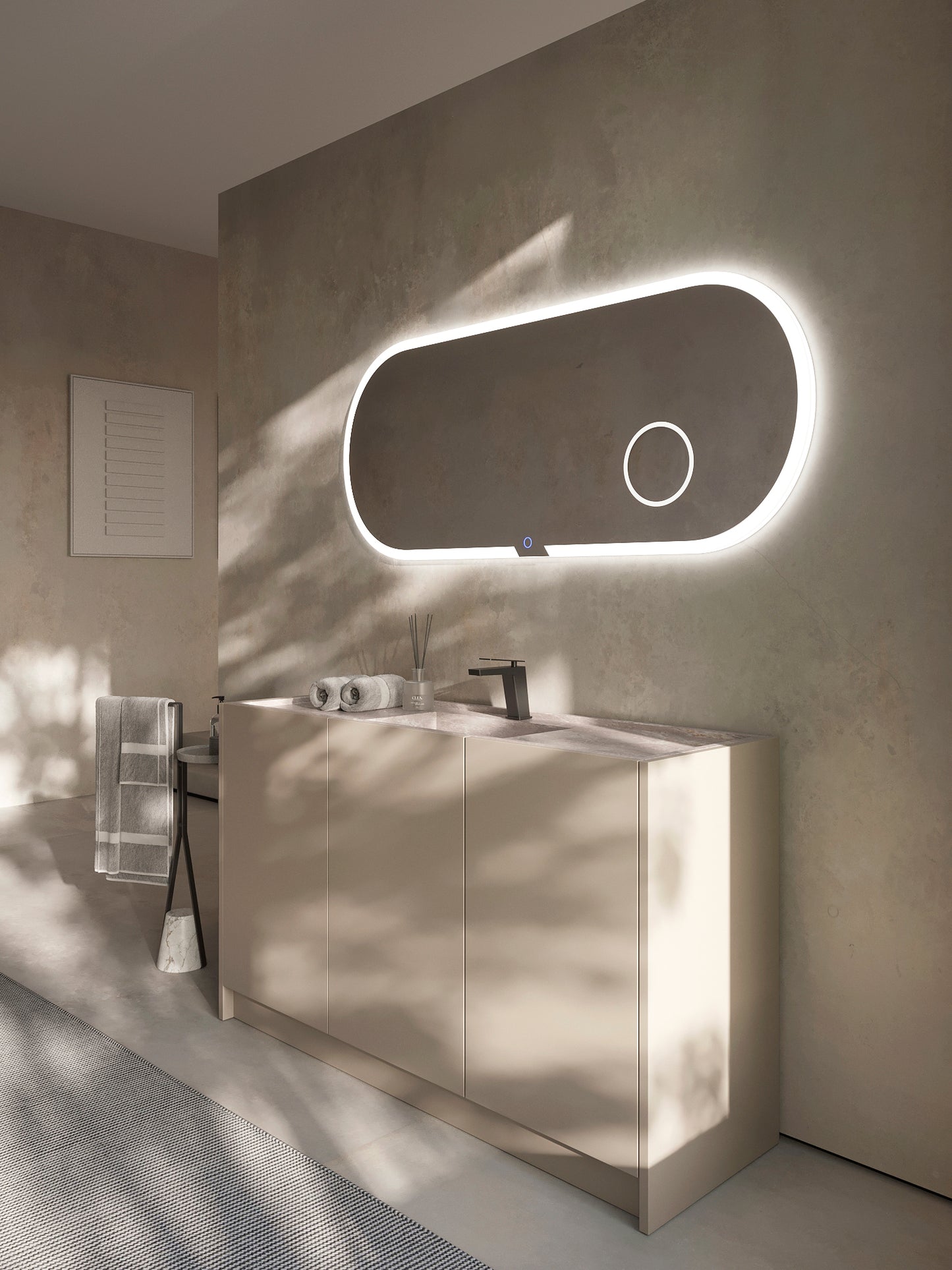 Elliptical bathroom mirror with light frame illuminated Indiana by Ledimex