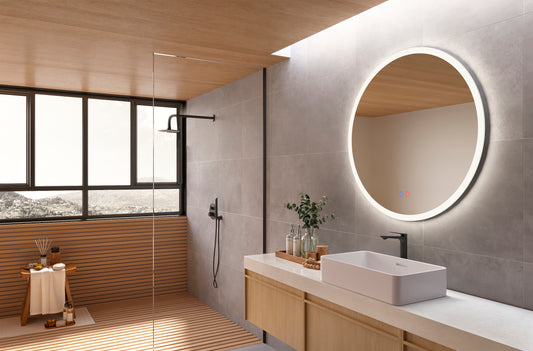 Round bathroom mirror with backlit light and front exit from London by Ledimex