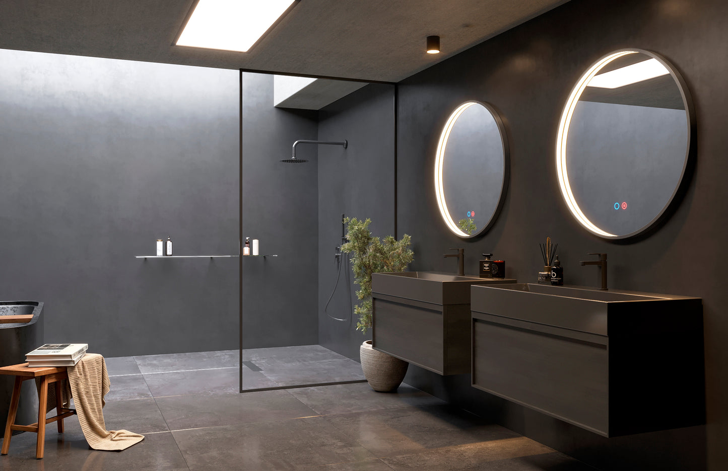 Round bathroom mirror with perimeter light inside the Nepal frame by Ledimex